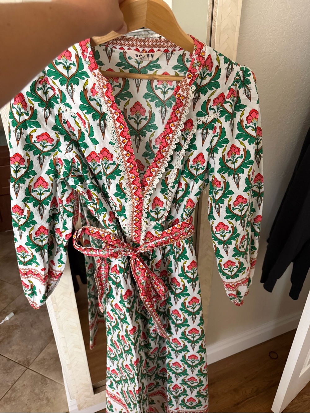 Boden Carry Cotton Midi Green & White Floral Tie-Waist Cottagecore Dress - Picture 10 of 14